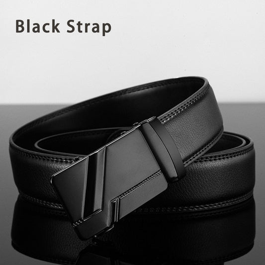 Man wearing a black leather EazyBelt ratchet belt with dress trousers