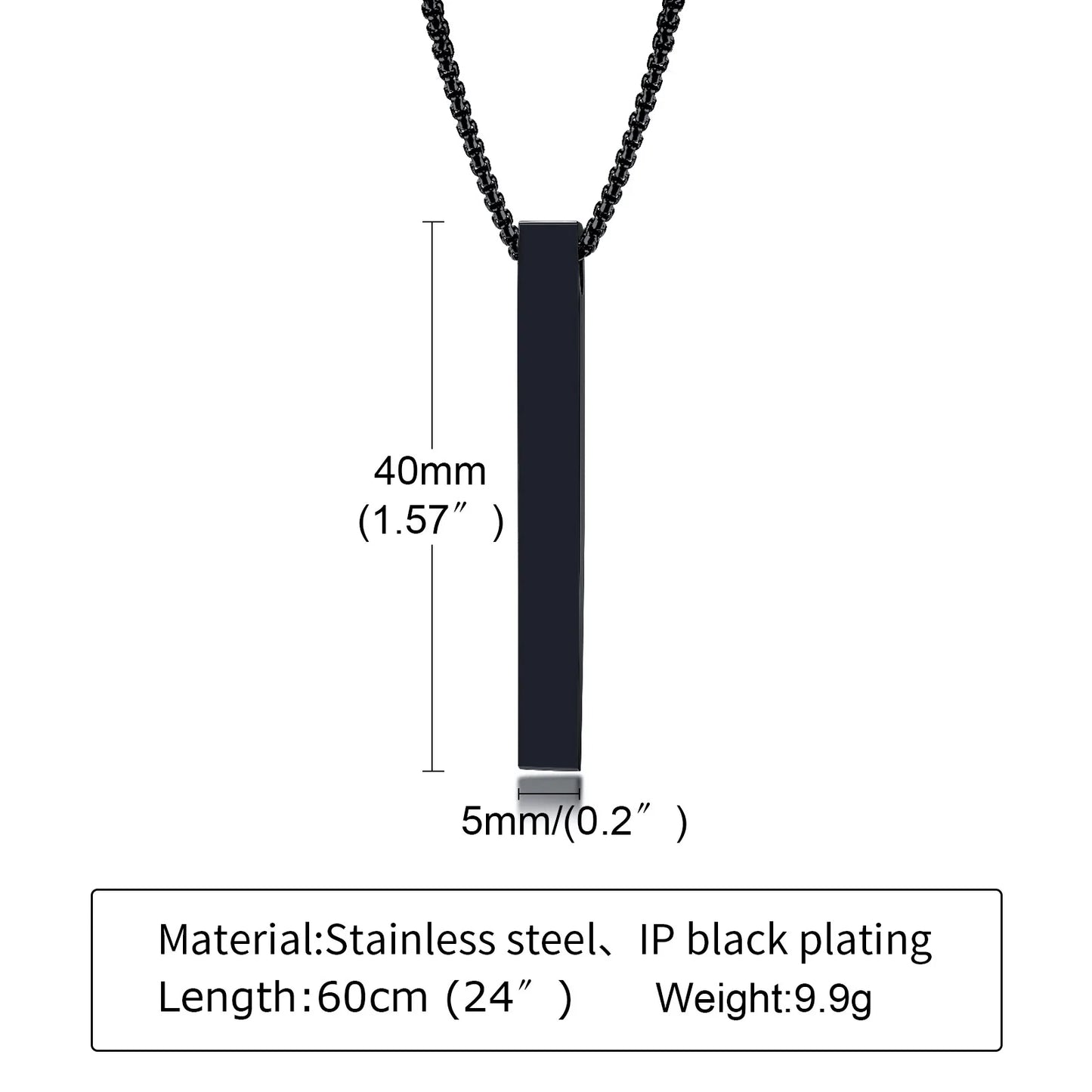 Black pendant necklace with chain length and pendant size measurements