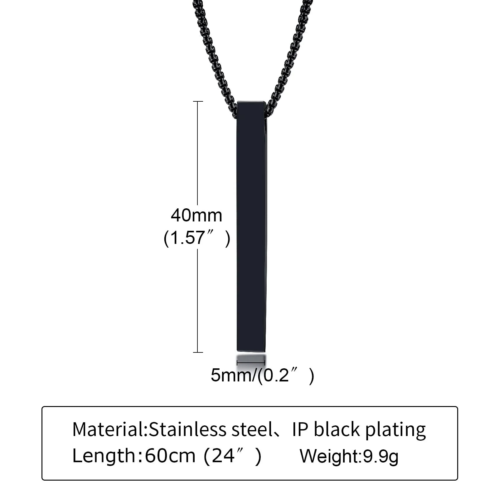Black pendant necklace with chain length and pendant size measurements