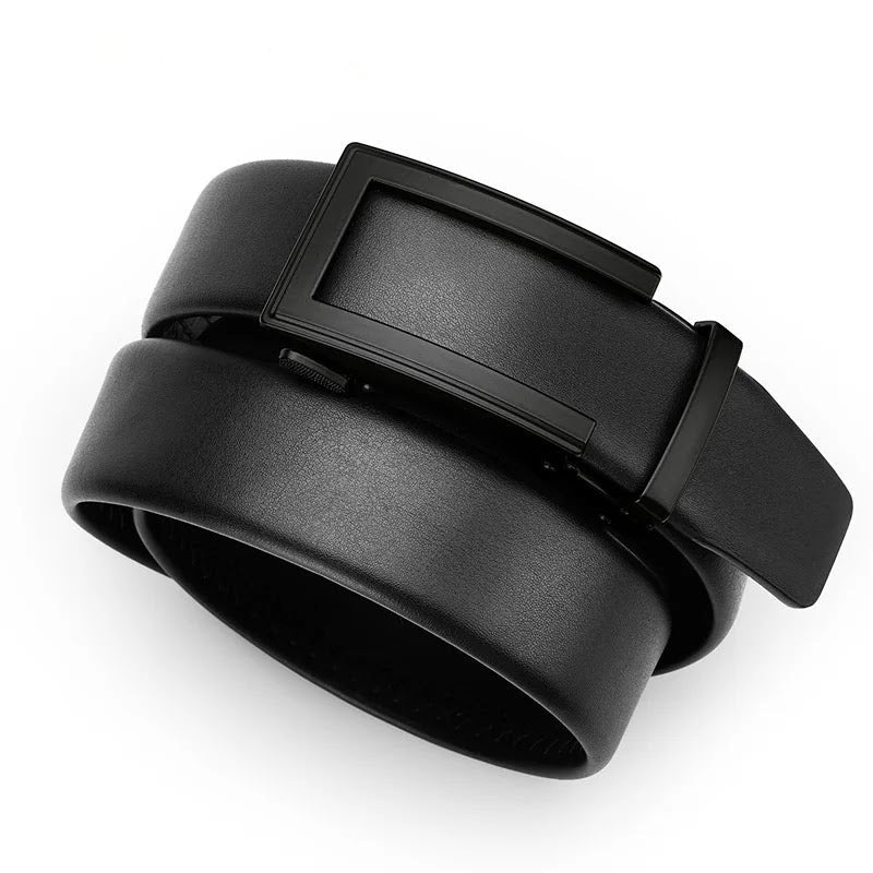 Black leather ratchet belt with slim black buckle
